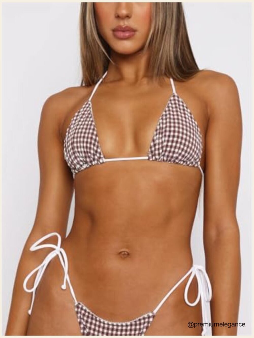 Gingham Plaid Halter Triangle Tie Side Cheeky Thong Bikini Set 2 Piece Bathing - Picture 4 of 7
